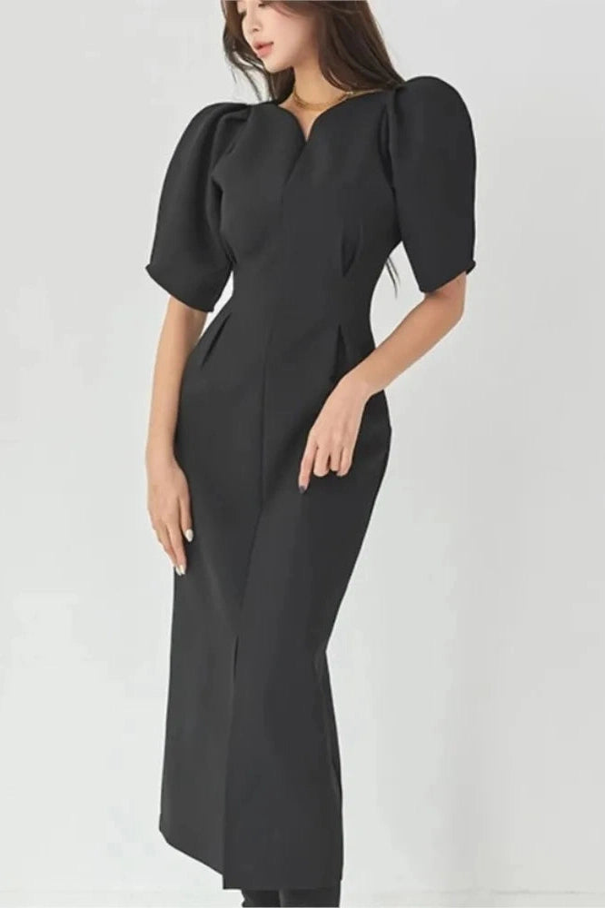 Elegant Short Puff Sleeve Midi Dress