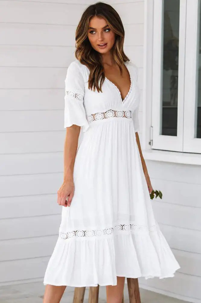 V-Neck Short Sleeve Midi Dress