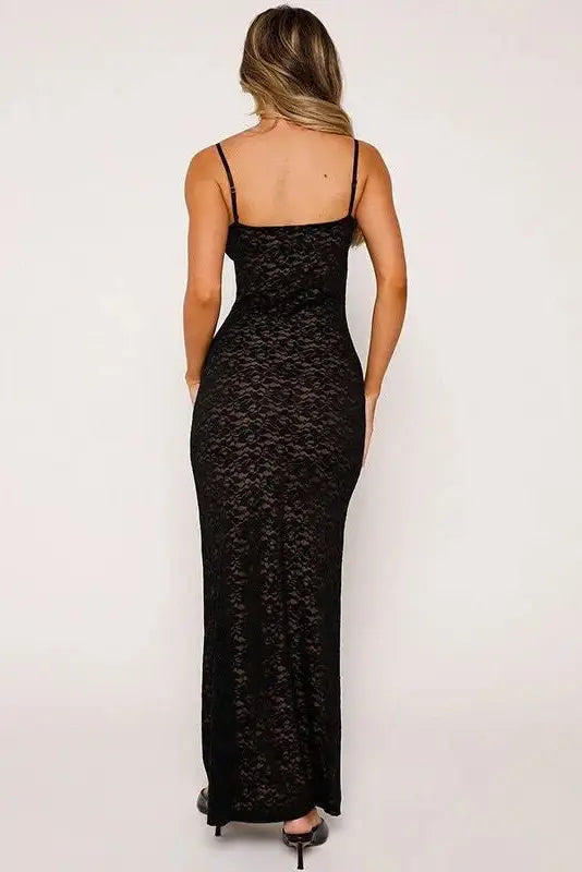 Elegant Solid Lace See-Through Sling Sleeveless Backless Maxi Dress