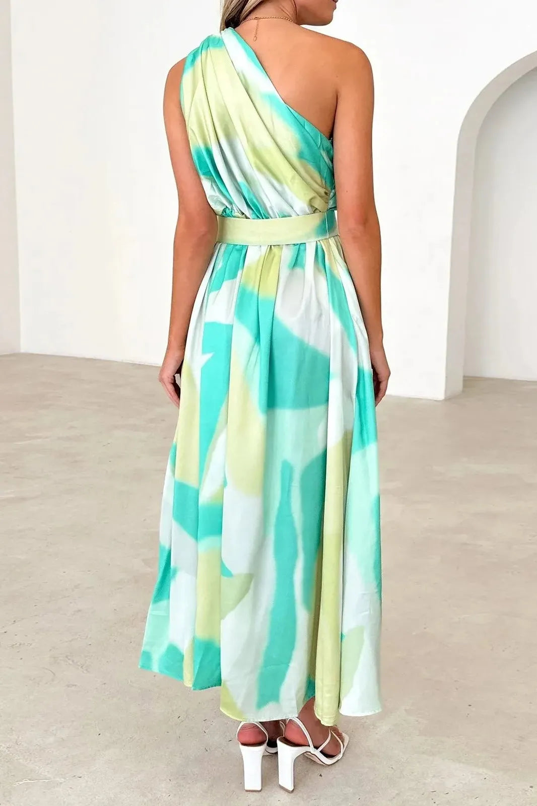 One-Shoulder High Waist Print Maxi Dress