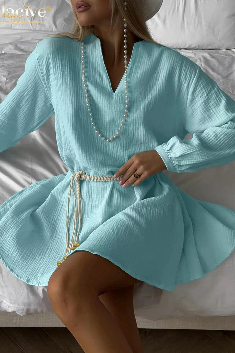 Elegant V-Neck Long Sleeve Mini Dress