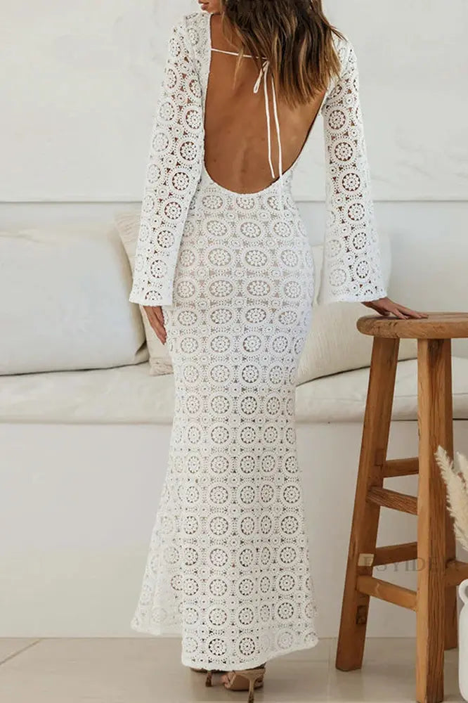 Backless Knitted Floral Maxi Dress