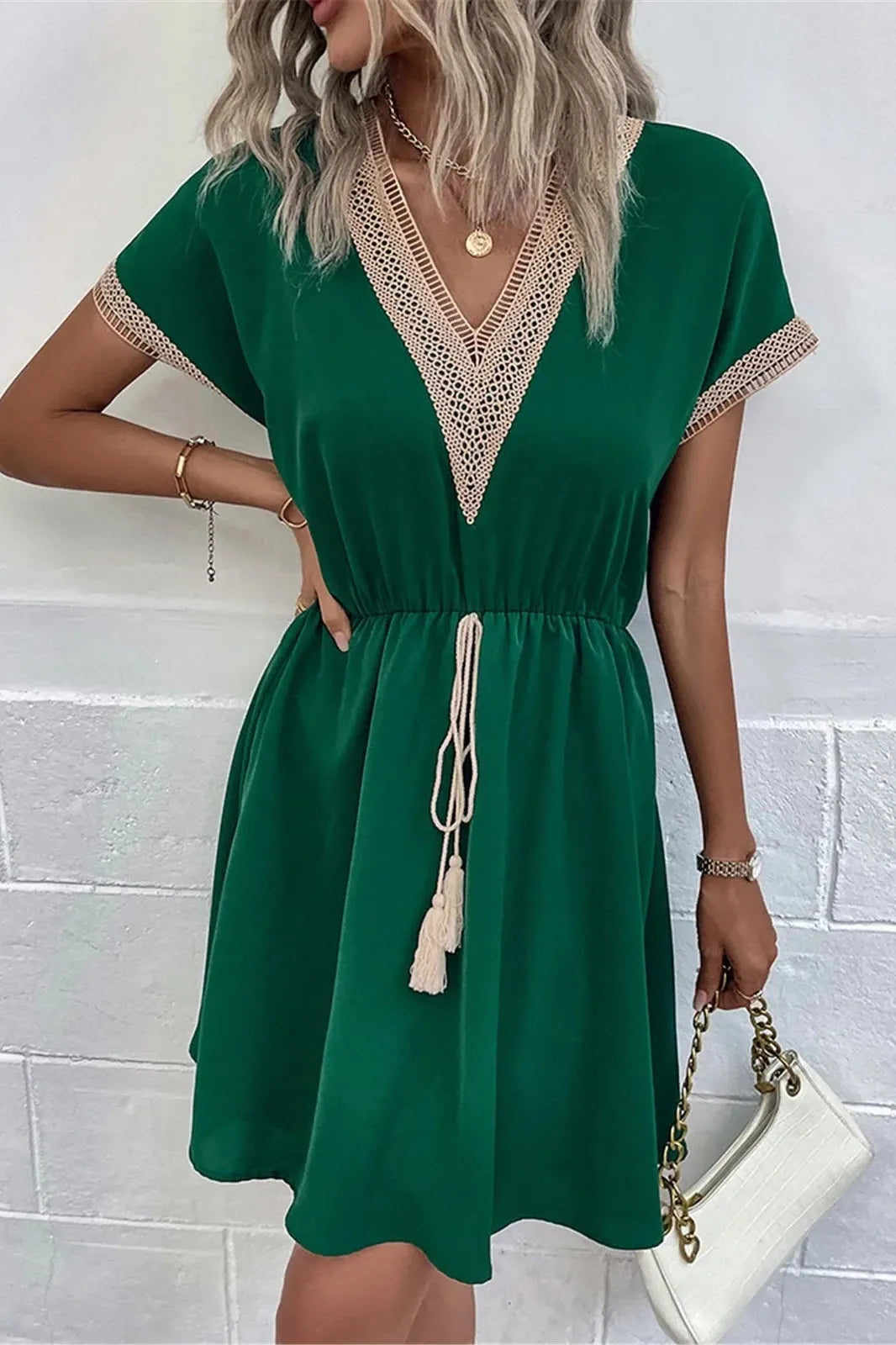 V Neck Sundress Lace Stitching Midi Dress