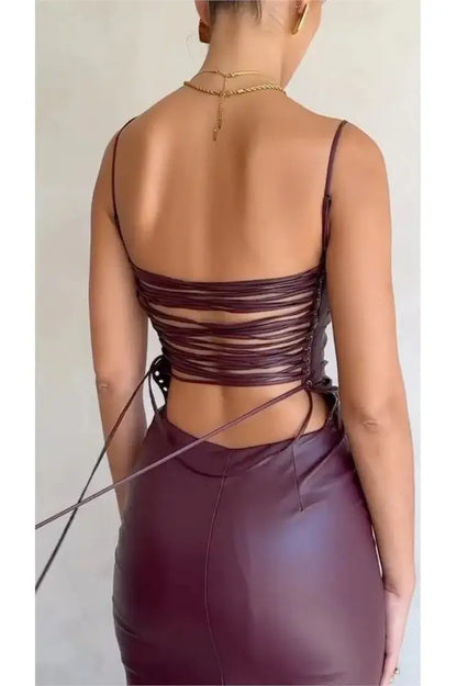 Chic Synthetic Leather Backless Bandage Midi Dress