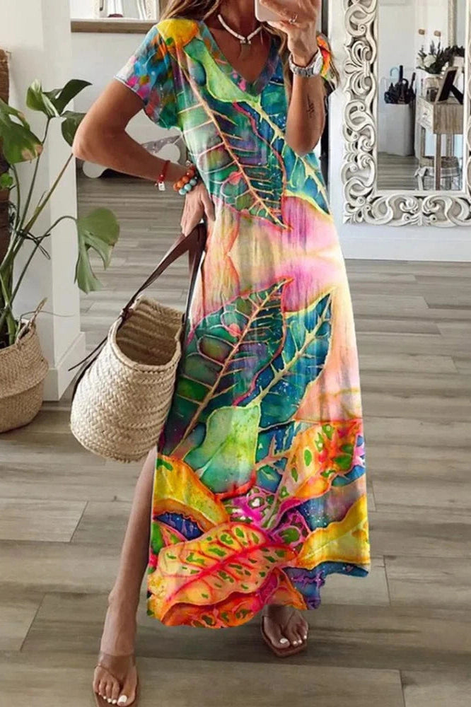 Printed Short Sleeved V-Neck Maxi Dress