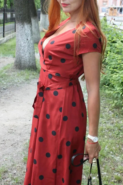 Polka Dot Printed Short Sleeve V Neck Maxi Dress