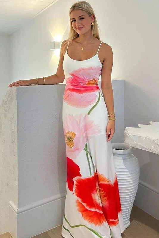 Backless Printed Spaghetti Strap Maxi Dress