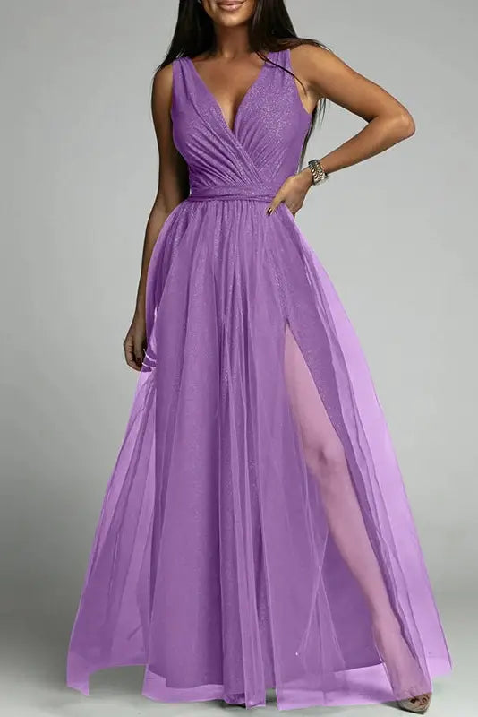 Solid Lace Mesh Sleeveless Maxi Dress