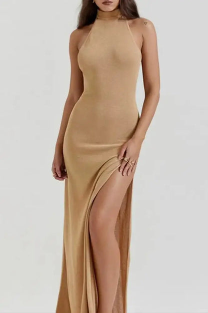 Halter Silk Thigh-High Split Maxi Dress