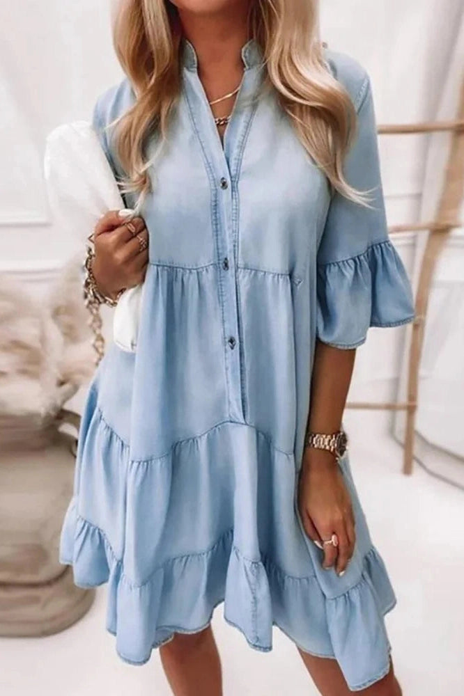 Elegant Short Sleeve V-Neck Midi Dress