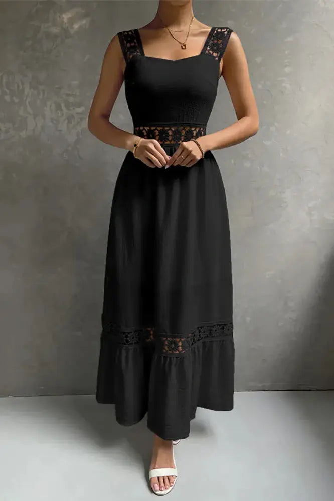 Trendy Boho Hollow Out Square Collar Maxi Dress