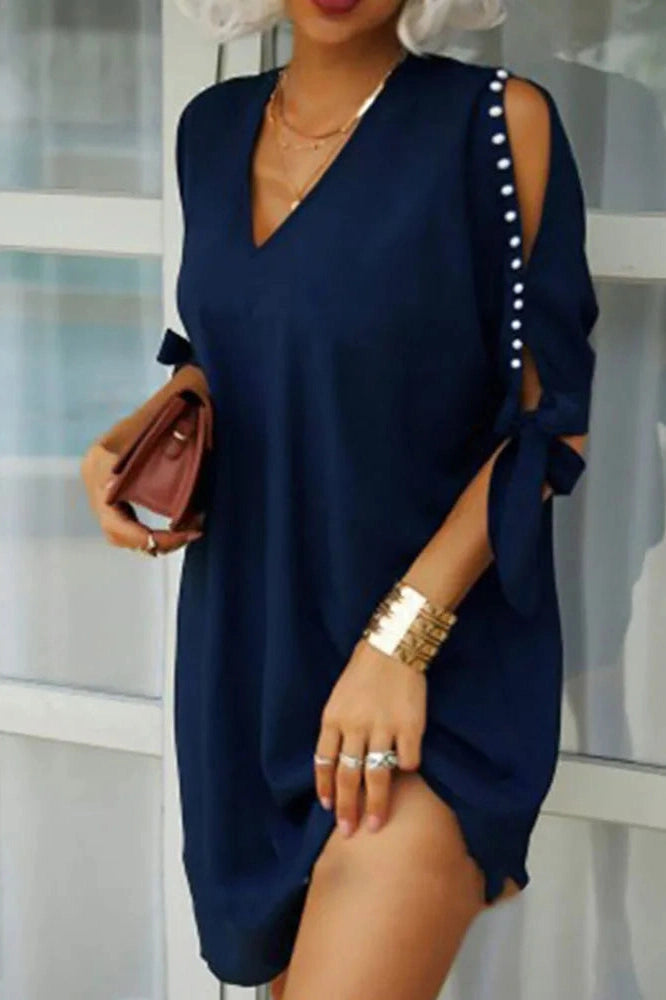 V-Neck Hollow Out Sleeves Mini Dress