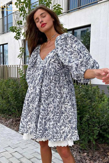 Print V-Neck Short Sleeve Mini Dress