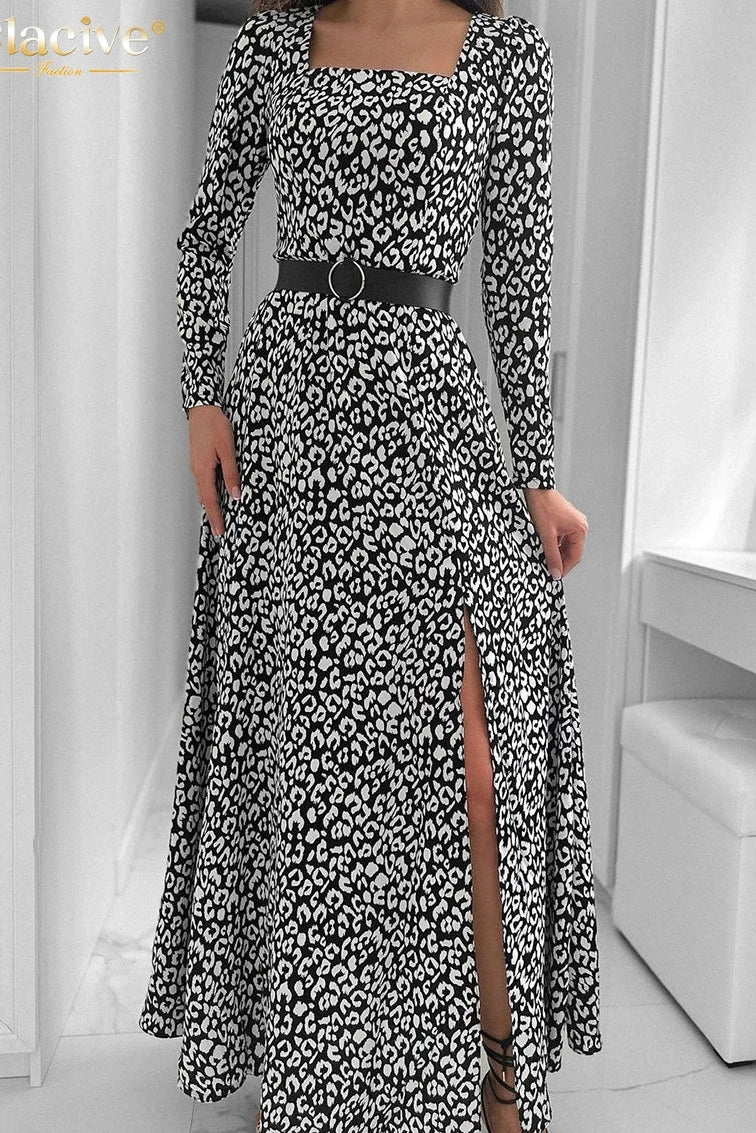 Print Square Collar Long Sleeve Maxi Dress