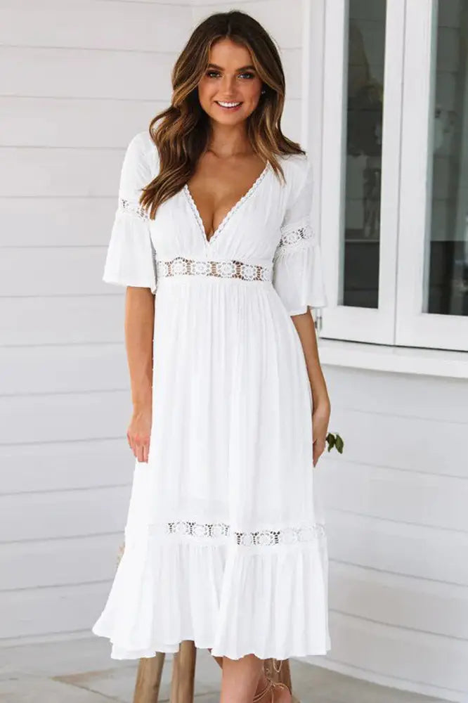 V-Neck Short Sleeve Midi Dress