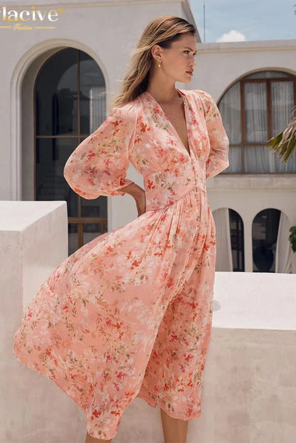 Deep V-Neck Long Sleeve Midi Dress