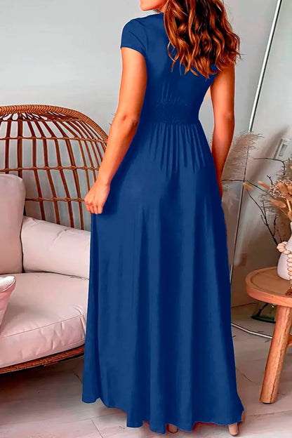 Deep V-Neck Pleated Maxi Dress