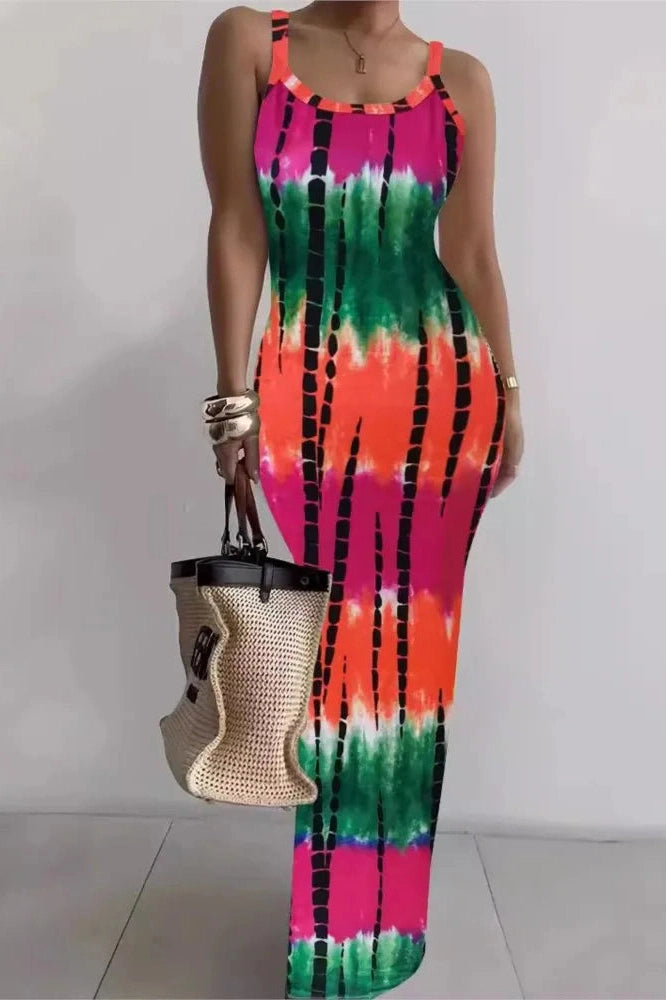 Printed Spaghetti Strap Bodycon Maxi Dress