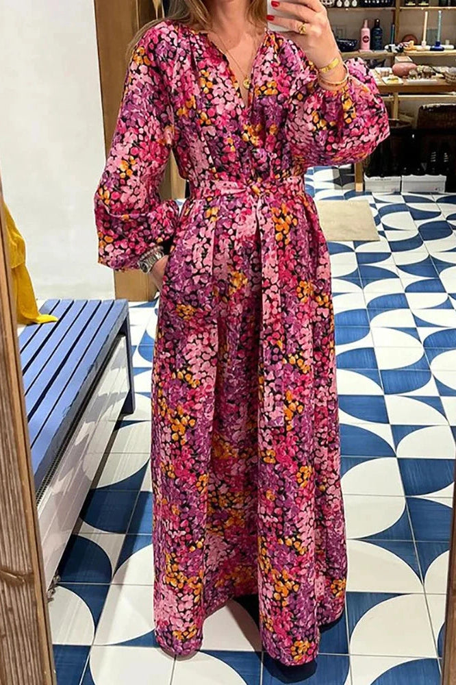 V-Neck Lantern Sleeve Printed Maxi Dress