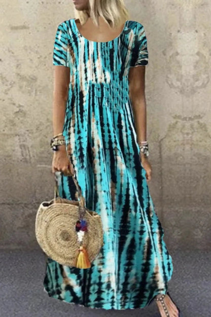 Printed O-Neck Short Sleeve Maxi Dress