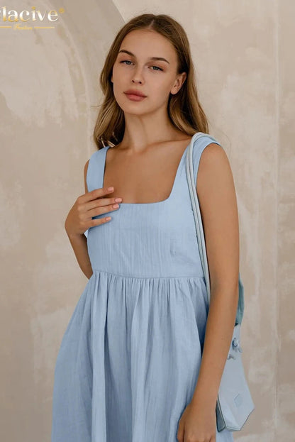 Square Collar Sleeveless Midi Dress