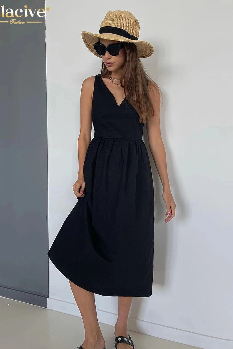 V-Neck Sleeveless Midi Dress