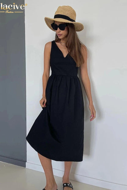 V-Neck Sleeveless Midi Dress