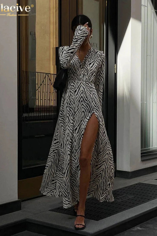 V-Neck Print Elegant Midi Dress