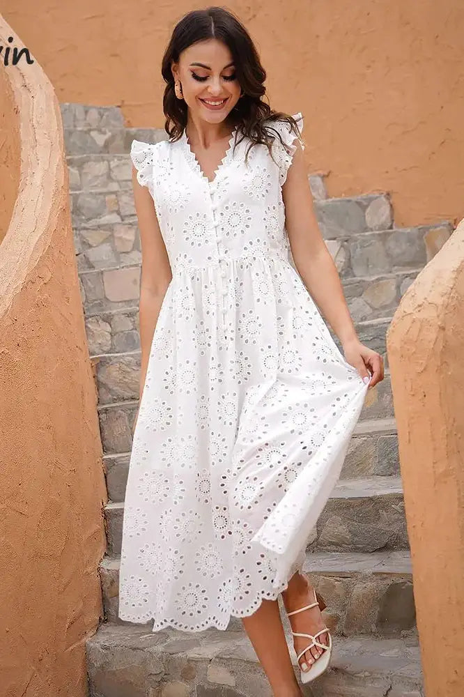 New Hollow Out Pure Cotton High Waist Midi Dress