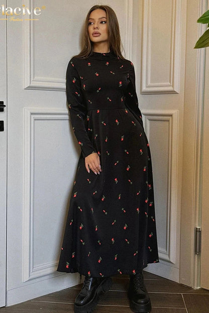 Print O-Neck Long Sleeve Maxi Dress