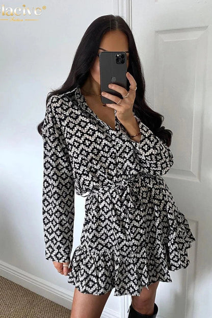 Print Long Sleeve Mini Dress