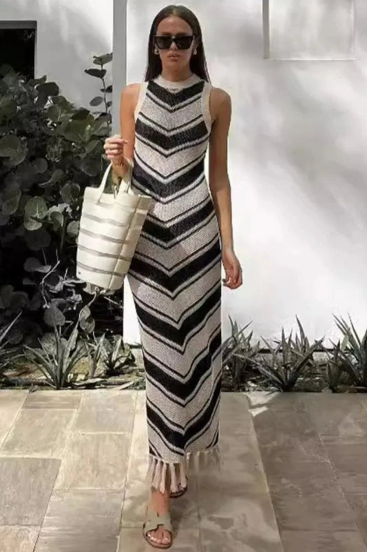 Elegant Striped Sleeveless Maxi Dress