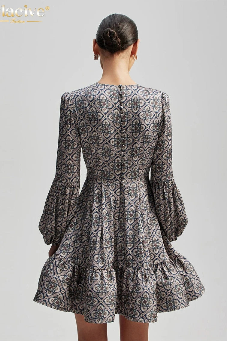 Print O-Neck Puff Sleeve Mini Dress