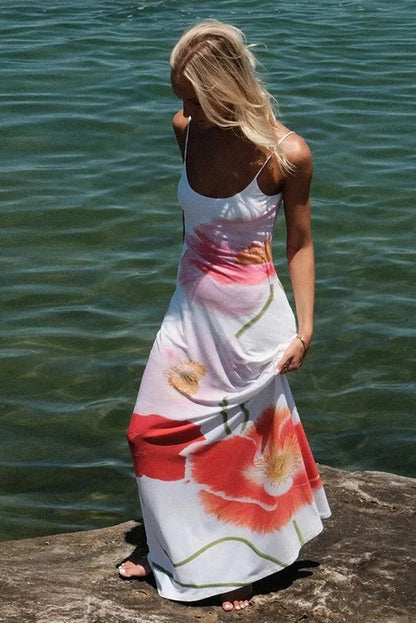 Backless Printed Spaghetti Strap Maxi Dress