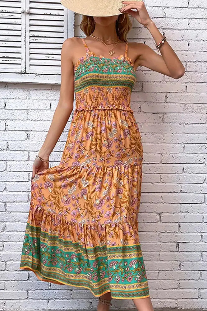 Boho Style Floral Printed Backless Maxi Dress