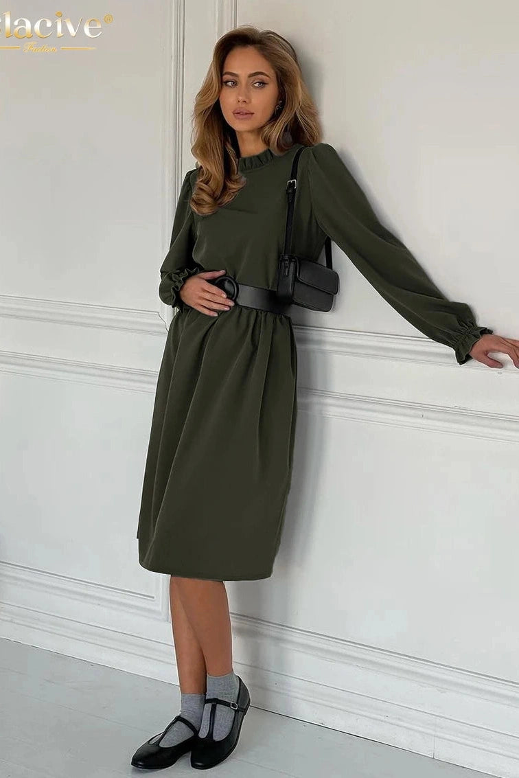 O-Neck Long Sleeve Midi Dress