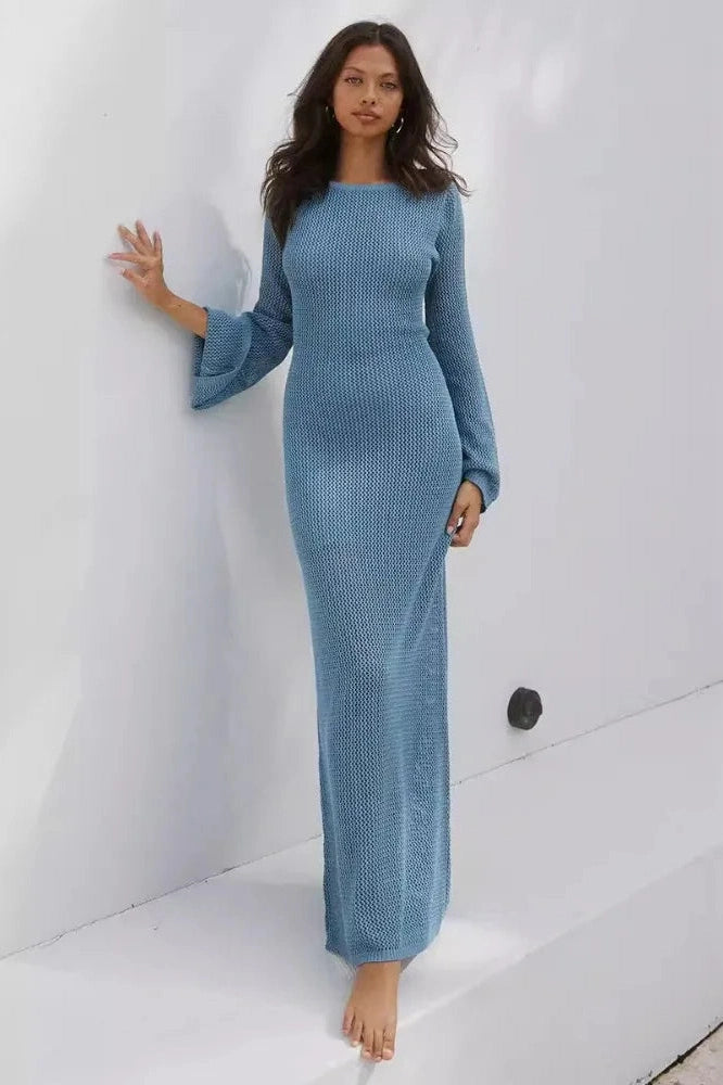 Elegant Long Sleeve See-Through Maxi Dress