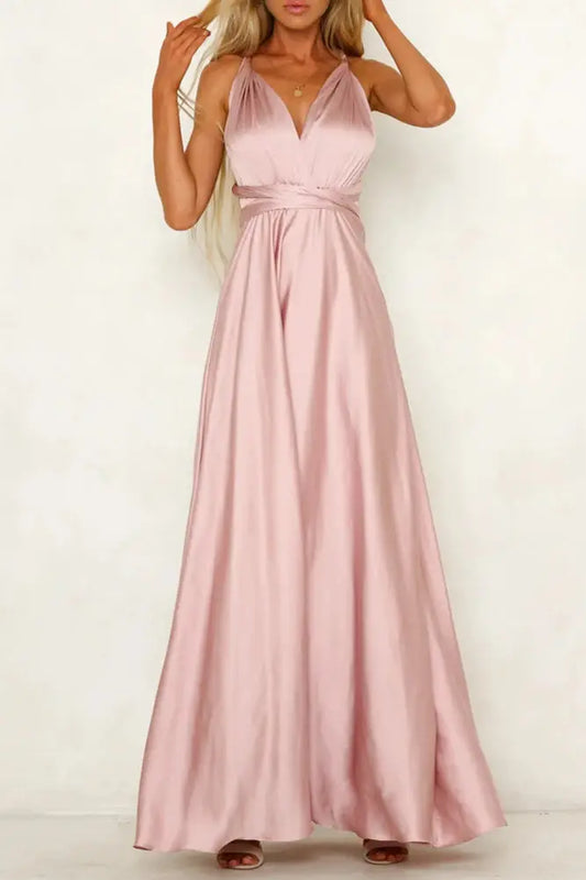 Elegant Satin V-Neck Sleeveless Open Back Strap Maxi Dress