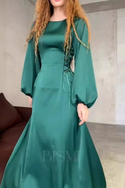 Lantern Sleeve Lace-Up Maxi Dress