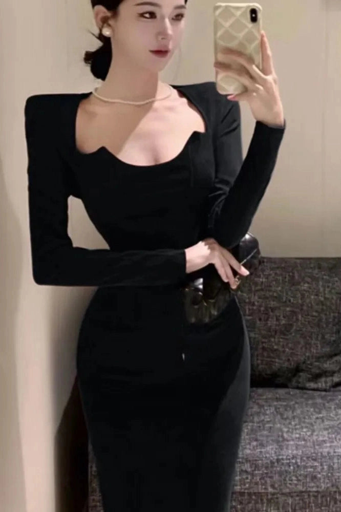 Long Sleeve Wrap Hip Midi Dress