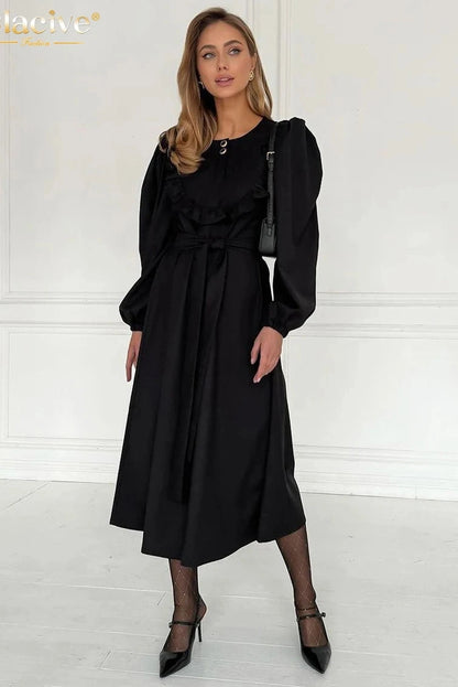 O-Neck Long Sleeve Midi Dress