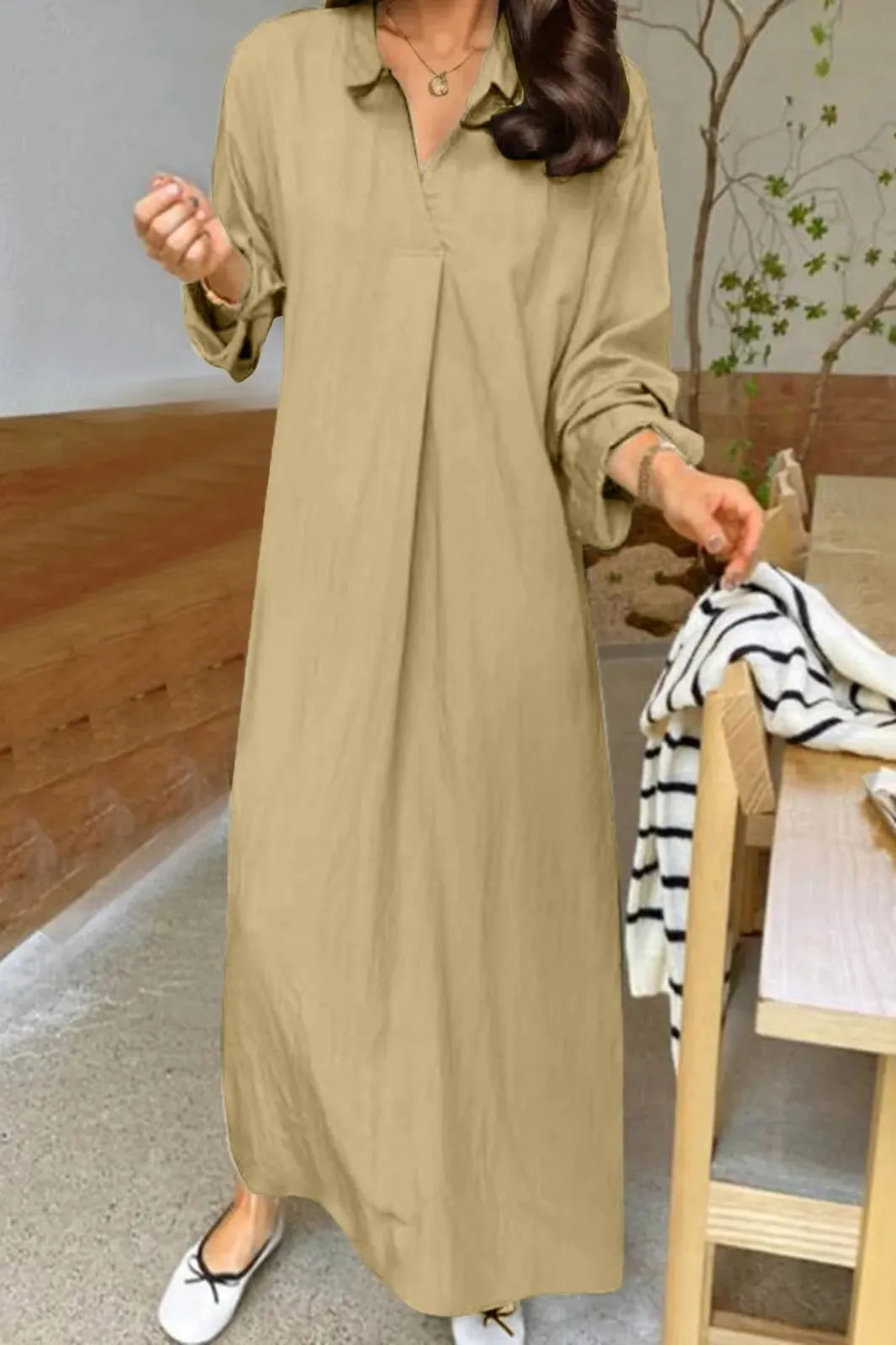 Lapel Long Sleeve Maxi Dress