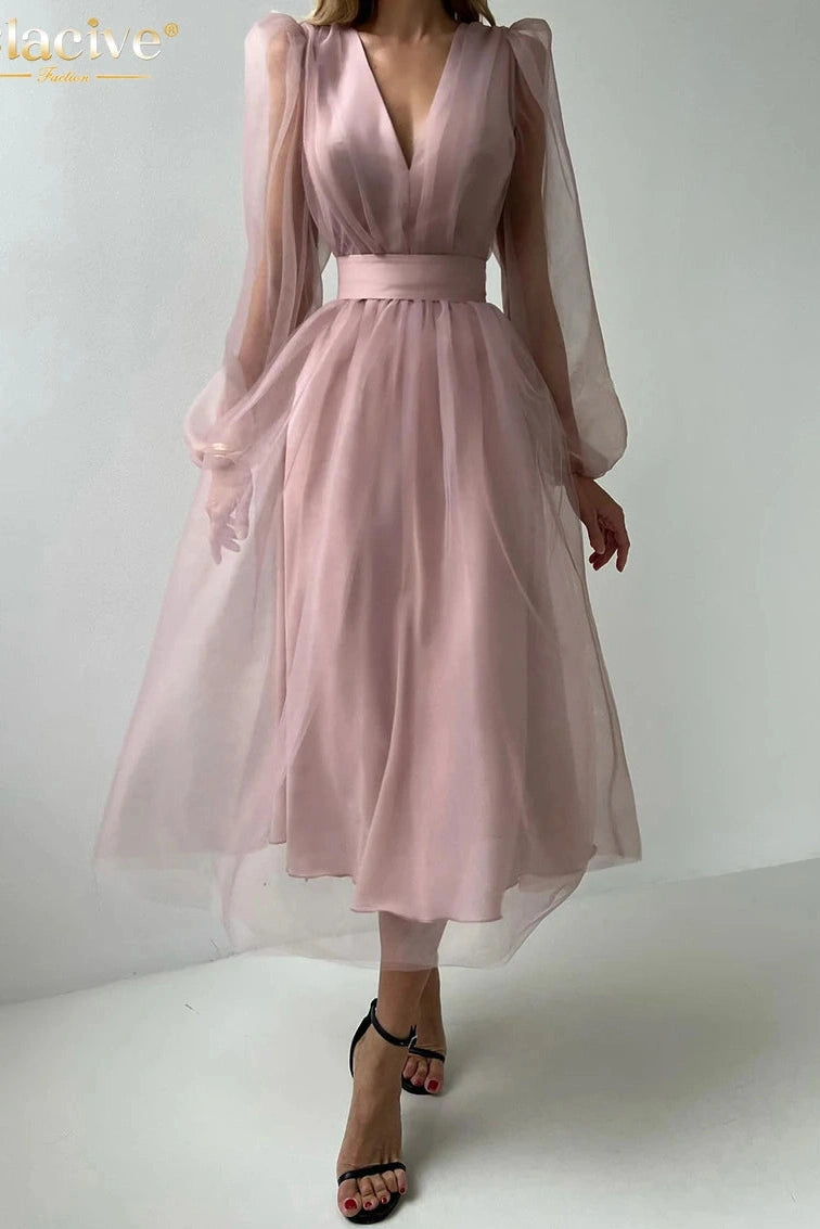 V-Neck Puff Sleeve Midi Dress