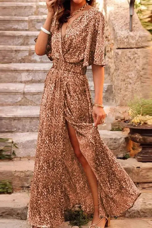 Deep V-Neck Half Sleeve Maxi Dress