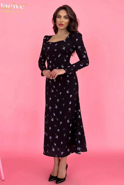 Square Collar Long Sleeve Maxi Dress