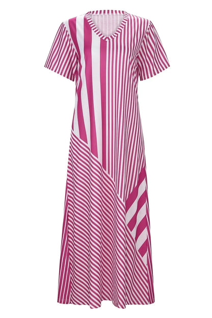 Striped V Neck Short Sleeve Maxi Dress