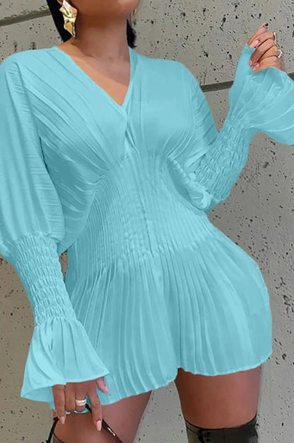 V-Neck Long Sleeve Pleated Mini Dress