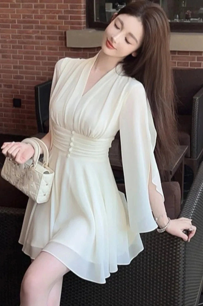 Elegant V-Neck Long Sleeve Mini Dress