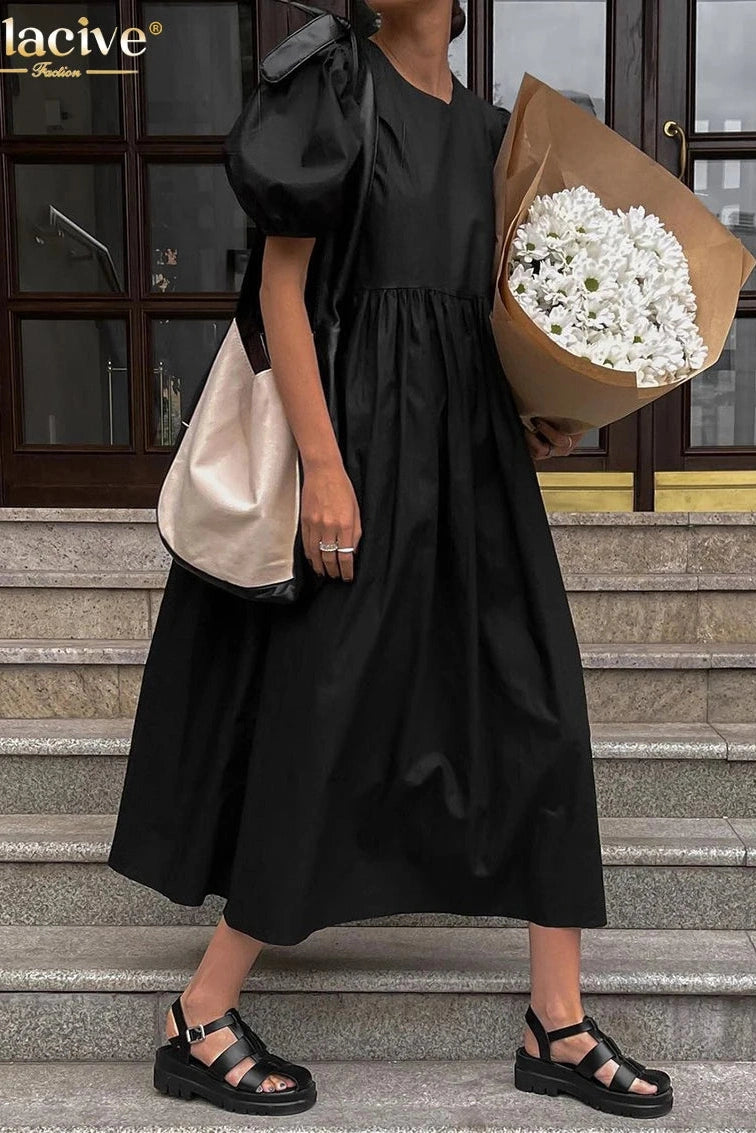 Elegant Short Sleeve O-Neck Midi Dress