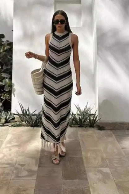 Elegant Striped Sleeveless Maxi Dress